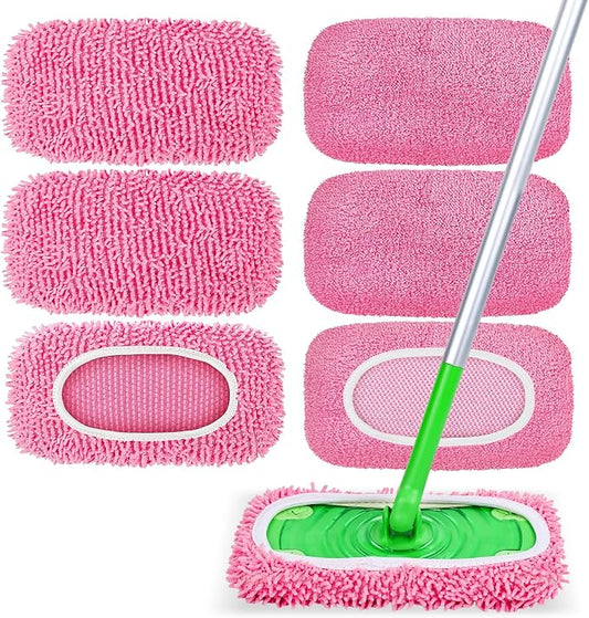 6-Pack Reusable Microfiber Mop Pads Compatible with Swiffer Sweeper, Dry & Wet Sweeping Cloths - Washable Wet Pads Refill for Multi-Surface/Hardwood Floor Cleaning -Pink