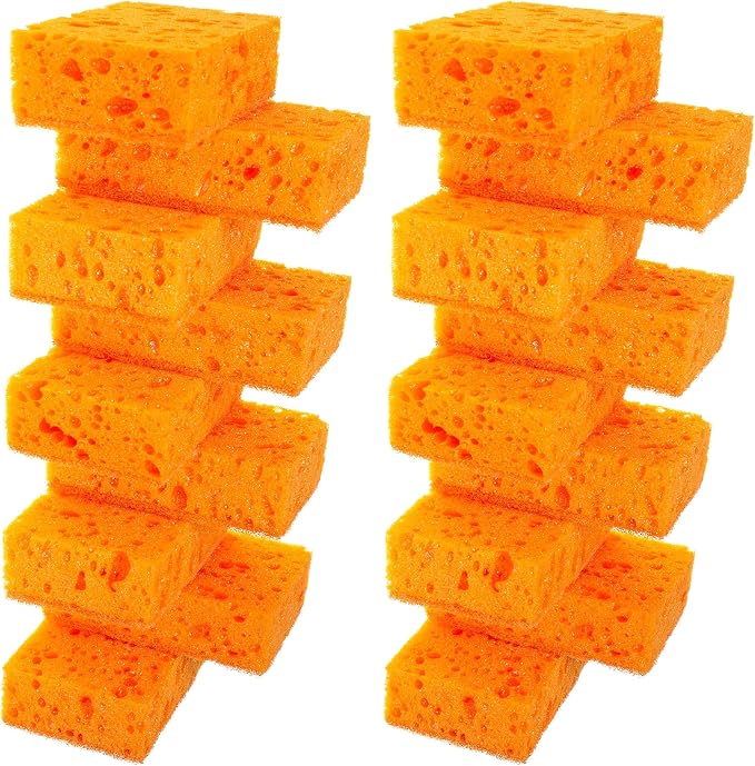 Orange Multi Use Scrub Sponge. Made in Europe. 18 Pack, 4.3x2.8x1.4 inches. Odorless Heavy Duty and Non Scratch Fiber. Durable and Delicate Scrubber for Oven and Stove, Bathroom and Basement