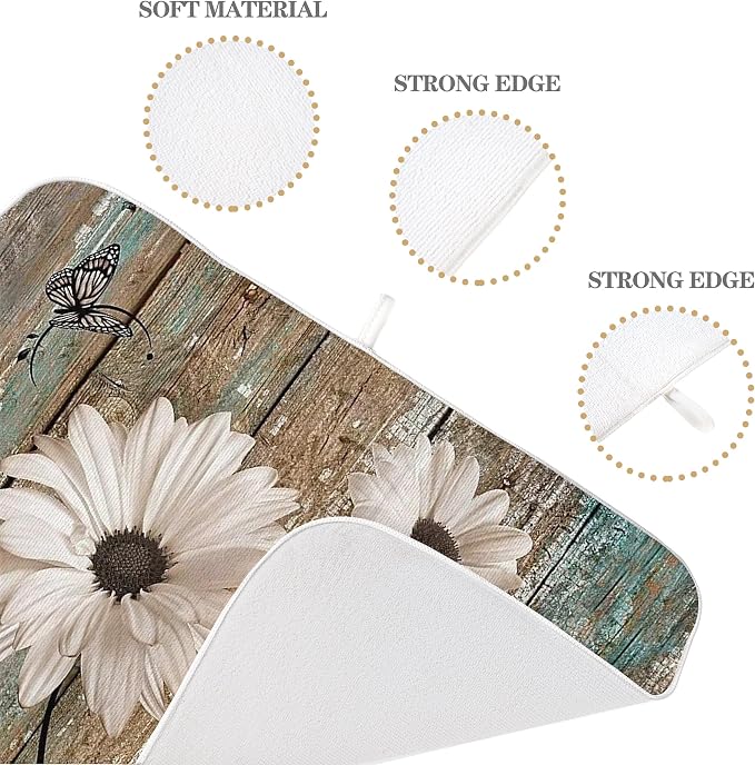Rustic Daisy Dish Drying Mats 18x24 Inch Vintage Sunflowers on Wooden Board Drying Mats Seasonal Outdoor Farmhouse Decor Coffee Bar Mat Fast Drying for Kitchen Dining Room Decorative