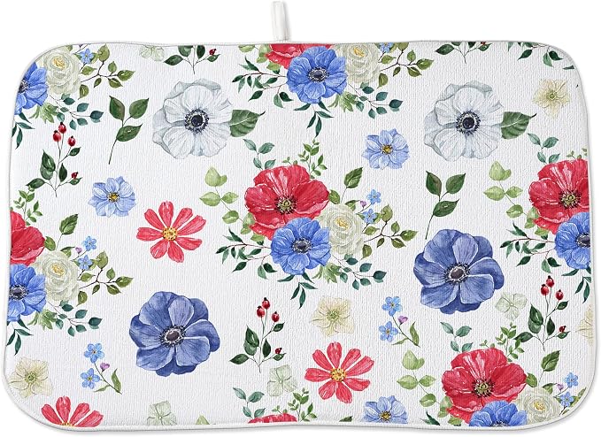 Blue Red Floral Dish Drying Mats 18x24 Inch Independence Day Flower Drying Mats 4th Of July Outdoor Decorations Absorbent Memorial Day Drying Dish Mats for Kitchen Dining Room Counter Decor