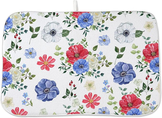 Blue Red Floral Dish Drying Mats 18x24 Inch Independence Day Flower Drying Mats 4th Of July Outdoor Decorations Absorbent Memorial Day Drying Dish Mats for Kitchen Dining Room Counter Decor