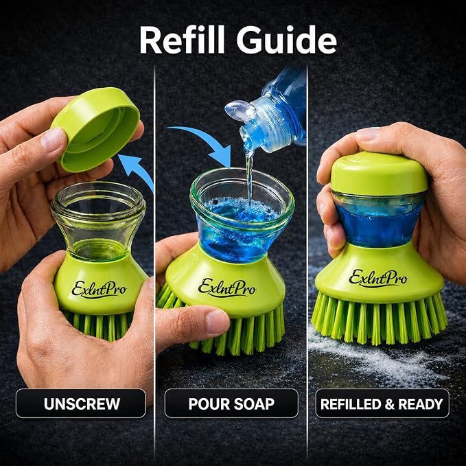 ExlntPro-Upgraded Dish Brush with Soap Dispenser, Kitchen Scrub Brush with Holder & Drain Tray, Refillable Soap Dispensing Dish Scrubber for Pots, Pans & Sink Cleaning