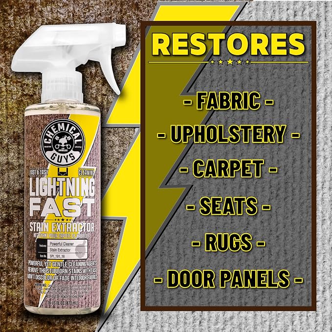 Chemical Guys, Lightning Fast Carpet & Upholstery Stain Extractor, 16 oz | Tackles coffee, soda, wine and pet messes on carpet, seats and mats, just spray, agitate and blot for a clean look