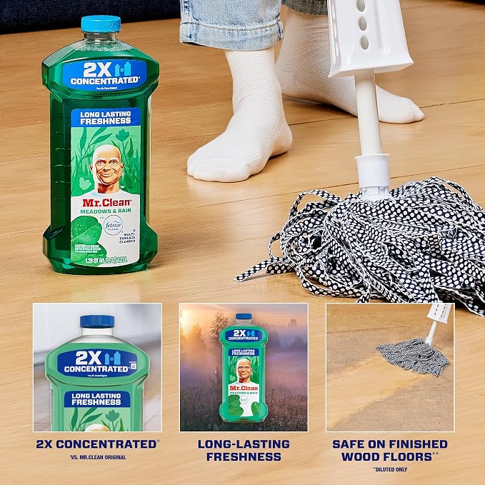 Mr. Clean All Purpose Cleaner, Floor Cleaner for Mopping Home, Bathroom, & Kitchen, Cleaning Liquid for Mop & Bucket, Cleaning Supplies, Multi-Surface Dilutable, Meadows & Rain, 41oz