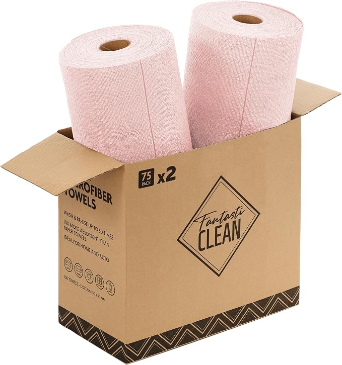Fantasticlean Microfiber Cleaning Cloth Rolls- 150 Sheets (2 Rolls of Pink) | 12'' by 12'', Super Absorbent, Lint-free, Tear-away Microfiber Towel Roll, for All-Purpose Cleaning
