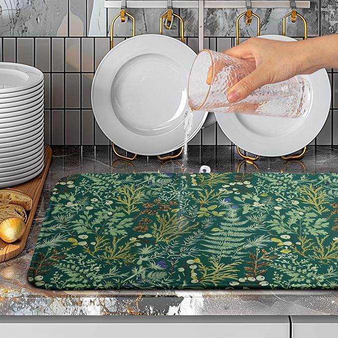 Dark Green Plant Dish Drying Mat for Kitchen Counter Vintage Botanical Floral Leaf Dishes Drying Mat Absorbent Microfiber Dish Draining Pad Washable Large Dish Drainer Rack Mats 18x24 Inch