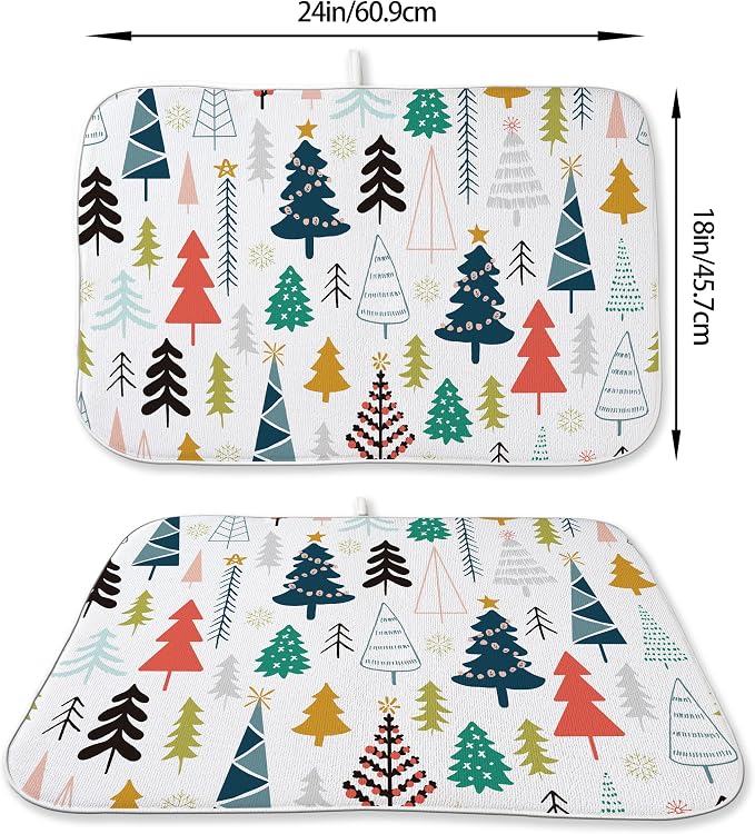 Christmas Dish Drying Mats 18x24 Inch Colorful Geometric Christmas Tree Drying Mats Xmas Winter Holiday Kitchen Decor Absorbent Drying Pad Rack Drainer Mats for Kitchen Dining Room Counter