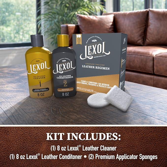Leather Cleaner and Conditioner Kit by Lexol for Furniture Car Interiors Shoes Handbags, leather cleaner and conditioner two-step system with 2 sponges, 8 oz each