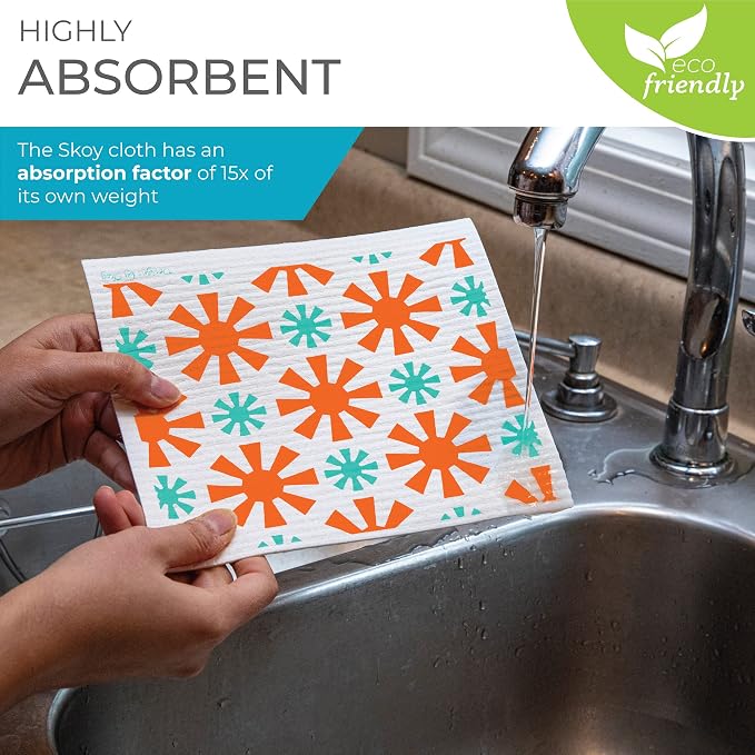 Skoy Cloth 2-Pack Eco-Friendly & Reusable Swedish Dishcloth, for Kitchen & Household Use, Plastic-Free Packaging, Dishwasher Safe, Designer Series – Connections/Sunburst, White Skoy Cloth
