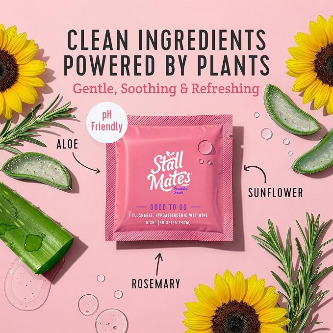 Stall Mates Wipes Feminine Fresh - Flushable | Individually Wrapped Cleansing Travel Friendly PH balanced Unscented with Sunflower, Rosemary and Aloe (90 on-the-go singles) BULK PACK