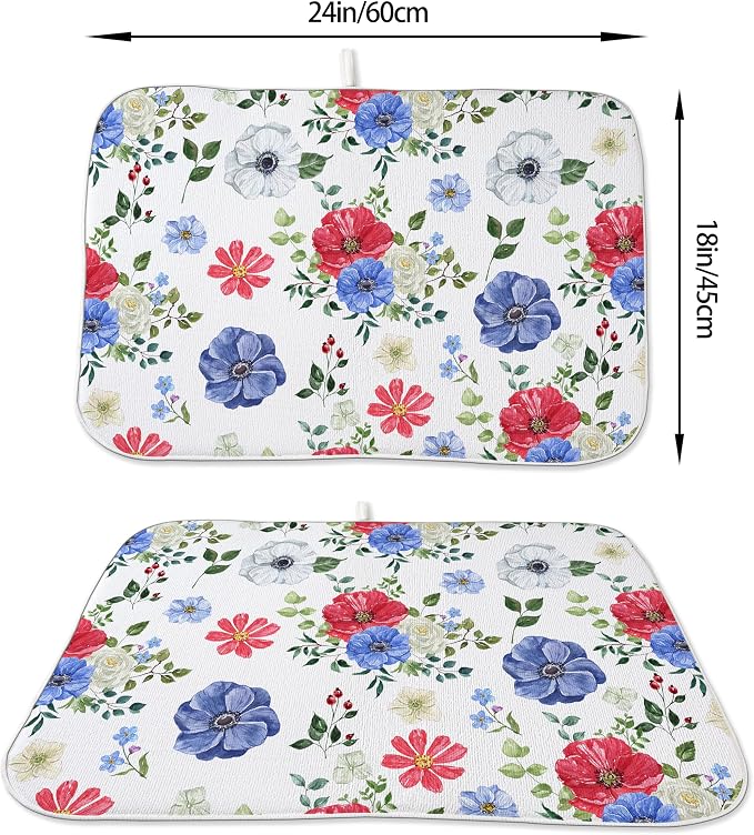 Blue Red Floral Dish Drying Mats 18x24 Inch Independence Day Flower Drying Mats 4th Of July Outdoor Decorations Absorbent Memorial Day Drying Dish Mats for Kitchen Dining Room Counter Decor