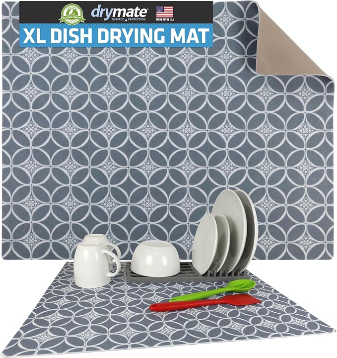 Drymate Jumbo XL Dish Drying Mat (19”x24”), Low-Profile, Super Absorbent, Quick Dry Fabric, Waterproof & Slip-Resistant, for Kitchen Counter, Trimmable, Easy to Clean (USA Made)(Indigo Grey)