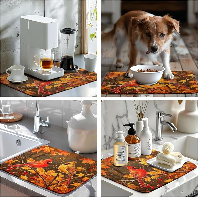 Fall Maple Leaves Birds Dish Drying Mat for Kitchen Counter 16x18 Autumn Colored Maple Forest Drying Mats Thanksgiving Harvest Dishes Drying Pad Absorbent Microfiber Sink Dish Drainer Rack Mat