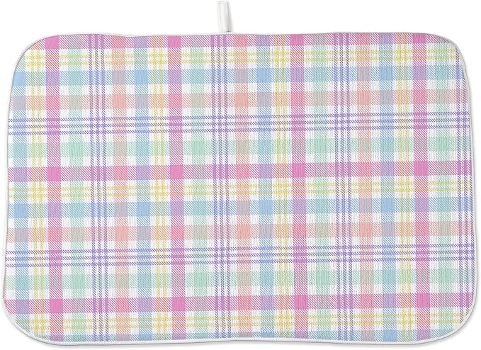 Spring Dish Drying Mat 18x24 Inches For Kitchen Counter Absorbent Easter Colorful Plaid Kitchen Decoration Pink Green Drying Mat Pad For Home Kitchen,Dining Room,Office Decor