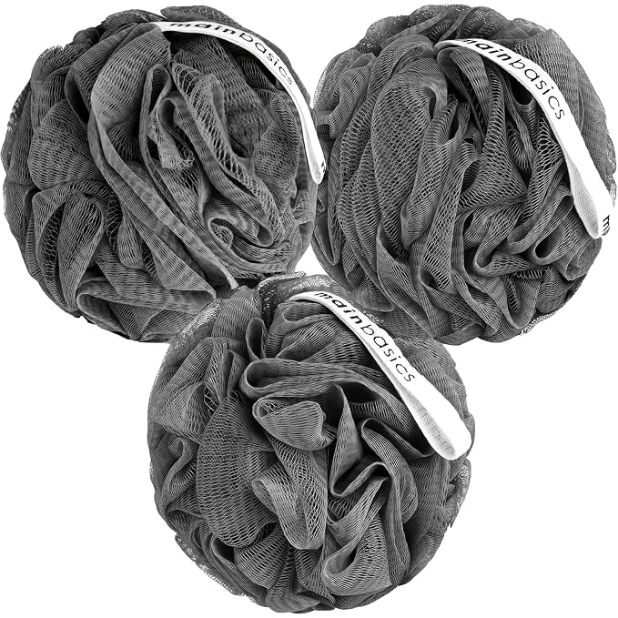 MainBasics Shower Loofah Sponge Pouf, Set of 3, Charcoal Infused | Soft Mesh Body Scrubber and Bath Sponge for Gentle Exfoliation, Rich Lather, and Everyday Shower Use