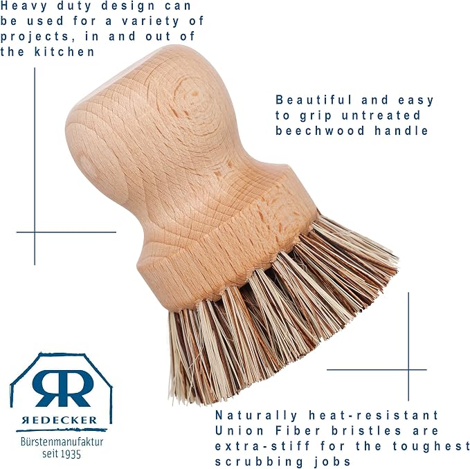 Redecker Pot Brush, Union Fiber, 2-Pack Heavy Duty Scrub Brushes for Pots, Cast Iron & Baked-On Residue, Beechwood, 2.6-Inch Round, Made in Germany