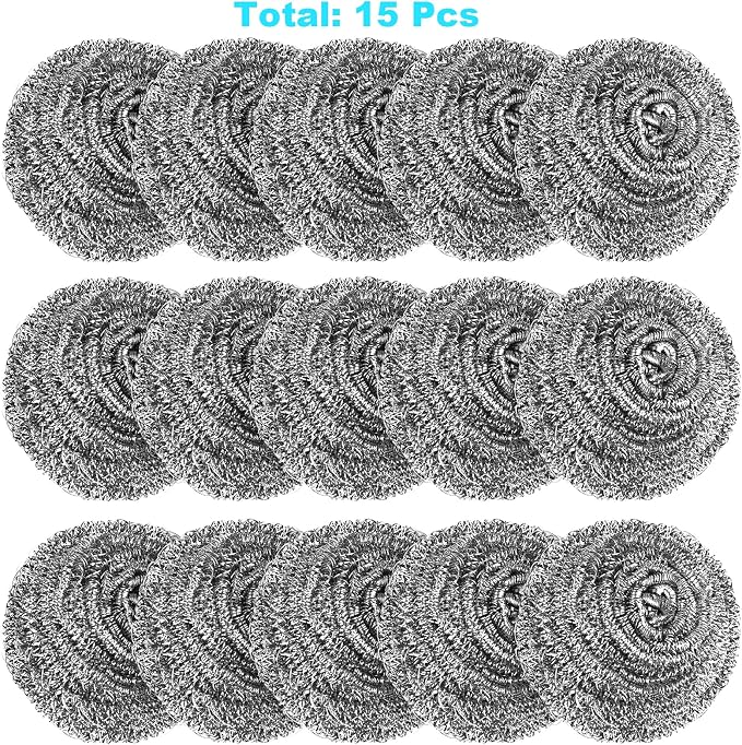15 Pack Steel Wool Scrubber, Metal Kitchen Scrubbing Sponges, Dishwashing Scouring Pads Heavy Duty, Premium Stainless Steel Scrubbers for Cleaning Dishes Pots and Pans Bathroom Oven (Sliver) by VOPTON