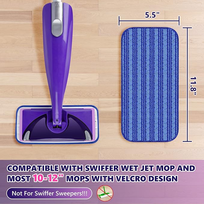 Reusable Mop Pads Compatible with Swiffer Wet Jet, Wet Jet Pads Refills for Swiffer Mop, Microfiber Replacement Pads for Hardwood Floor Cleaning, Dry Wet Mopping Cloths for 12" Wet Jet Refill, 4 Pack