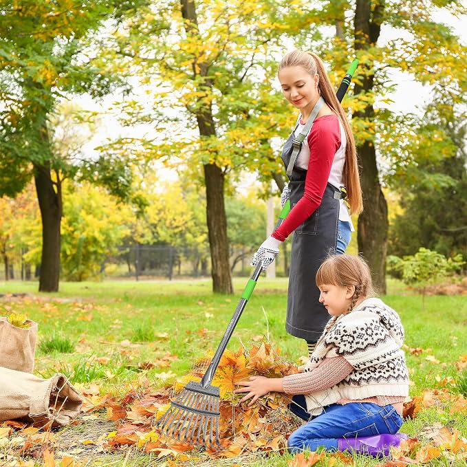 WORKPRO Rake, Small Rake for Leaves with 72” Adjustable Long Handle | 11 Steel Tines, Heavy Duty Metal Leaf Rakes for Garden, Lawn, Yard, Flower Bed, Narrow Rakes 9" Wide Head for Tight Spaces