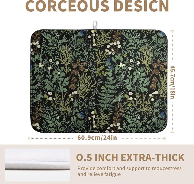 Black Sage Green Plant Dish Drying Mat for Kitchen Counter Vintage Botanic Fern Leaves Floral Dish Drainer Mats Absorbent Microfiber Dishes Pad Reusable Washable Large Dish Draining Mat 18x24 Inch