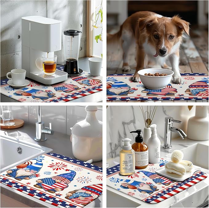 4th of July Dish Drying Mats for Kitchen Counter 18x24 In Memorial Independence Day Patriotic Gnome Stars Microfiber Drying Mat Fourth of July USA Super Absorbent Dish Rack Mat Drying Pad