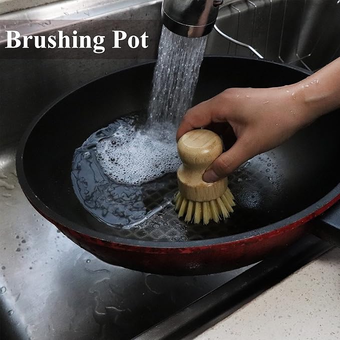 Bamboo Dish Scrub Brush, Kitchen Dish Scrubber Brush Set for Cleaning Dishes,Sink, Cast Iron Pan/Pot