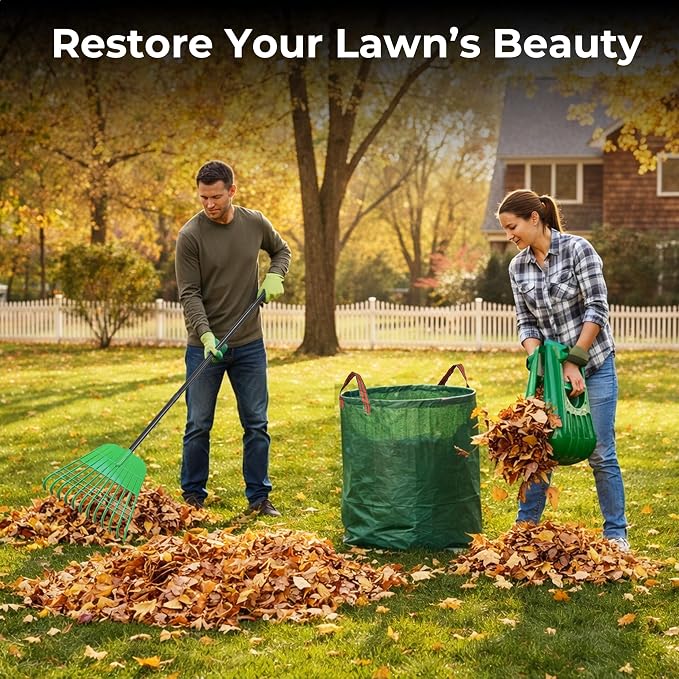 Gardzen Plastic Rake for Leaves and Hand Scoops Set | 67 inch Adjustable Long Handle, Crack Resistant Modified PE Rake, Comes with Wrist Pads, 72 Gallon Bag, Gloves