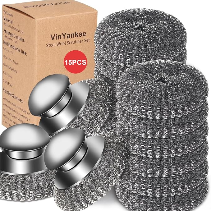 15Pcs Steel Wool Scrubber with Replacement Wire Sponge Pads Set, Stainless Steel Scrubber with Handle for Scouring Messes from Cast Iron, Frying pan, Pots, Pans, Grill, Stoves, Sink
