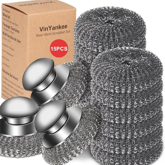 15Pcs Steel Wool Scrubber with Replacement Wire Sponge Pads Set, Stainless Steel Scrubber with Handle for Scouring Messes from Cast Iron, Frying pan, Pots, Pans, Grill, Stoves, Sink