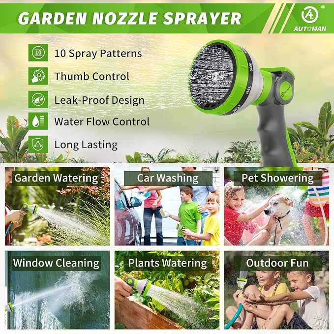 AUTOMAN Garden Hose Nozzle Sprayer - 10 Spray Patterns, 2 Pack Thumb Control Water Hose Nozzle Outdoor, Heavy Duty Spray Nozzles for Watering Garden, Cleaning Window, Washing Car, Showering Pets