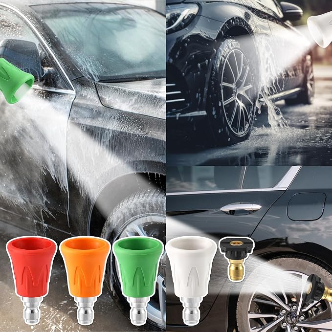 FIXFANS Pressure Washer Nozzle Guard, Power Washer Nozzle Tips, Orifice 4.0 | Stainless Steel High Pressure Washing Nozzle Holder Set with Upgraded Rubber Protector Cover, 1/4" Quick Connect, 5Pcs