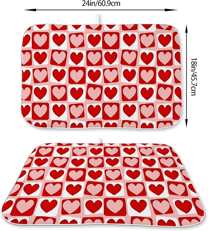 Valentines Day Dish Drying Mats 18x24 Inch Pink Red Heart Plaid Drying Mats Anniversary Holiday Checkered Valentines Decorations Absorbent Drying Dish Mats for Kitchen Dining Room Counter Decor