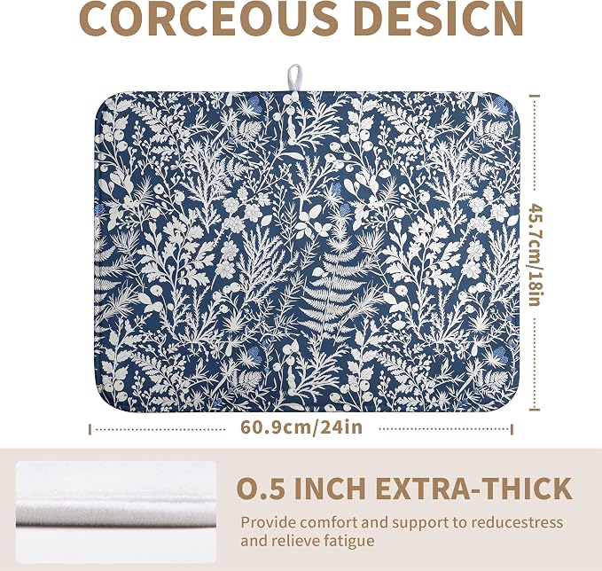 Blue and White Plant Dish Drying Mat Botanical Fern Leaves Floral Drying Mats for Kitchen Counter Microfiber Absorbent Dish Draining Mat Reusable Washable Dish Rack Pad 18x24 Inch