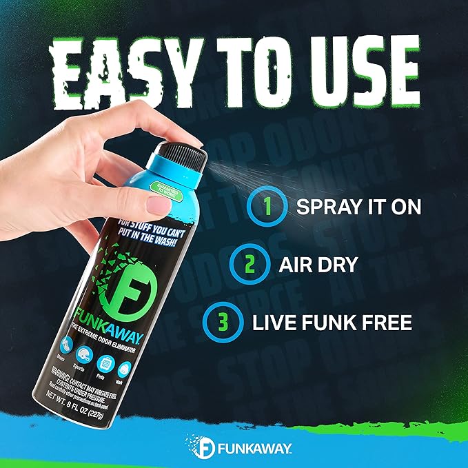 FunkAway Aerosol Spray, 8 oz., Extreme Odor Eliminator Spray, Ideal for Shoe Smells, Pet Odors and Bulky Stuff that Won't Fit in the Wash; Attacks Musty Odors at the Source