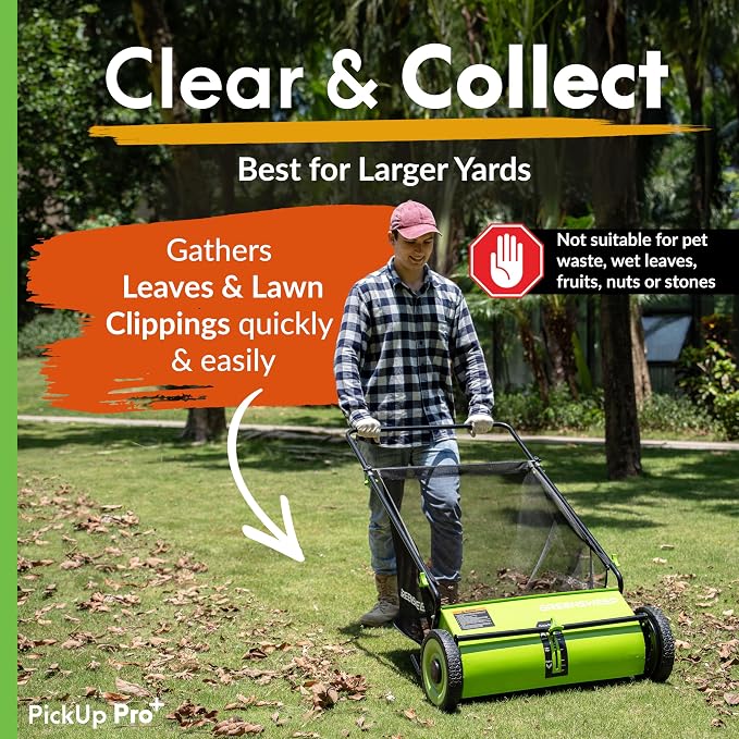 Pickup Pro XL Garden Sweeper - Manual Leaf & Grass Push Lawn Sweeper (Pickup Pro Max)