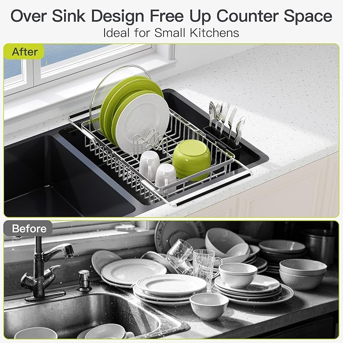 JASIWAY Expandable Stainless Steel Dish Drying Rack Over The Sink For Small Kitchen, Counter Space Saving Compact Plate Drainer Strainer, Adjustable Hanging Metal Dish Dryer Holder with Utensil Holder