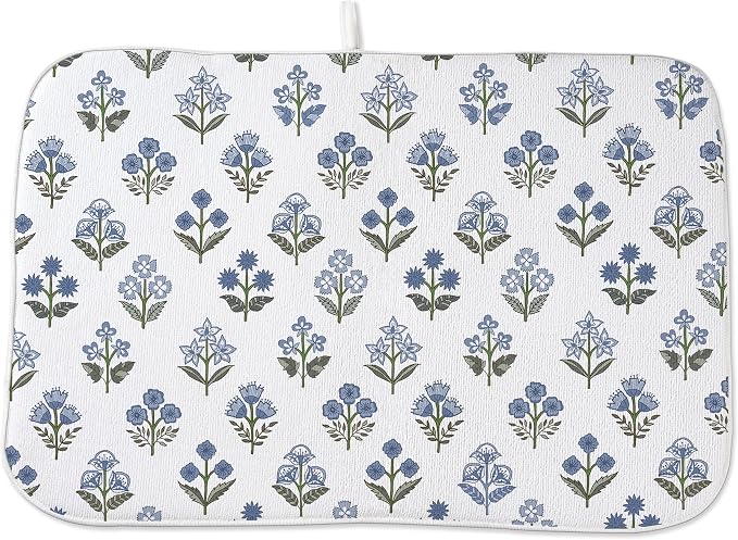 Block Print Dish Drying Mat 18x24 Inches For Kitchen Counter Boho Blue Flower Kitchen Decoration Drying Mat Modern Decorative Floral Drying Pad Mat for Home Kitchen Decor,Dining Room,Office