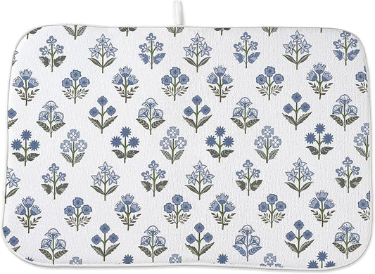 Block Print Dish Drying Mat 18x24 Inches For Kitchen Counter Boho Blue Flower Kitchen Decoration Drying Mat Modern Decorative Floral Drying Pad Mat for Home Kitchen Decor,Dining Room,Office