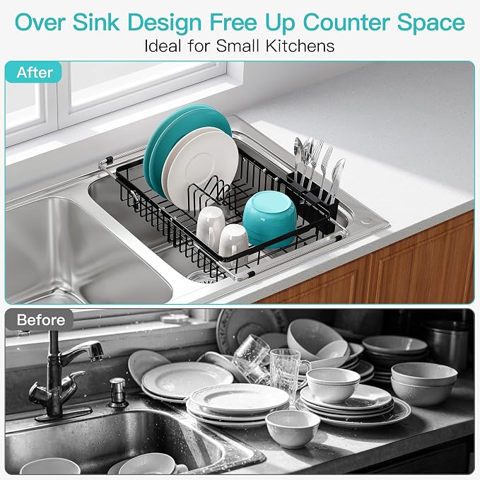 JASIWAY Expandable Stainless Steel Black Over The Sink Dish Drying Rack for Small Kitchen Counter Space Saving, Compact Plate Drainer Strainer, Adjustable Hanging Metal Dish Dryer with Utensil Holder
