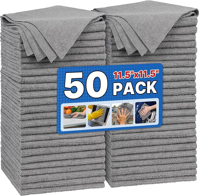 FIXSMITH Shop Towels, Pack of 50, Grey Microfiber Cleaning Cloth Bulk, Microfiber Towels for Cars, All-Purpose Absorbent Cleaning Rags, Dust Cloth for Automotive, Mechanic, Garage, 11.5 x 11.5 inch