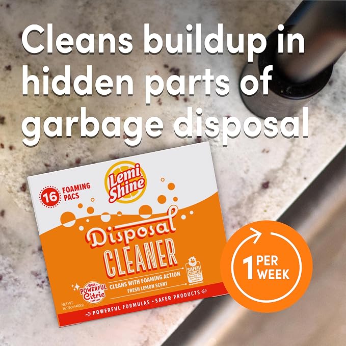 Lemi Shine Natural Foaming Garbage Disposal Cleaner - 16.92oz (16 Pack) | Helps Deodorize Disposal - Citric Acid Cleaning Powder - Fresh Lemon Scent