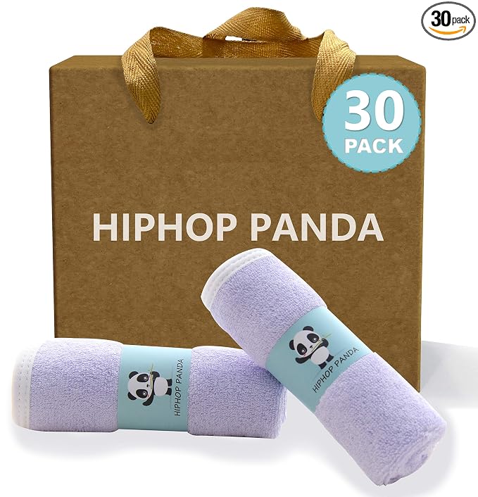 HIPHOP PANDA Baby Washcloths, Rayon Made from Bamboo - 2 Layer Ultra Soft Absorbent Newborn Bath Face Towel - Reusable Baby Wipes for Delicate Skin - Purple, 30 Pack