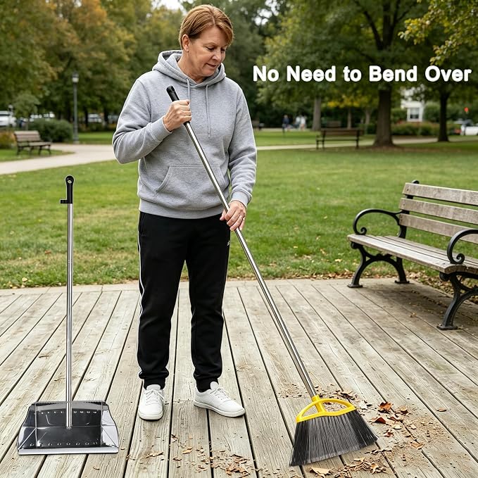 Broom and Dustpan Set, Outdoor Heavy Duty Broom with Stainless Steel Dustpan,Stiff Bristles Broom and Metal Dust Pan for Home