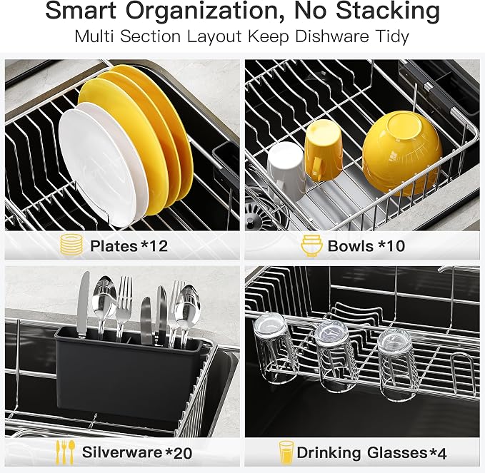 JASIWAY Sink Dish Drying Rack with Drainboard, Expandable Stainless Steel Dish Drainers for Kitchen Counter, Space Saving Dish Dryer Rack, Over The Sink Dish Racks with Utensil Holder, Silver