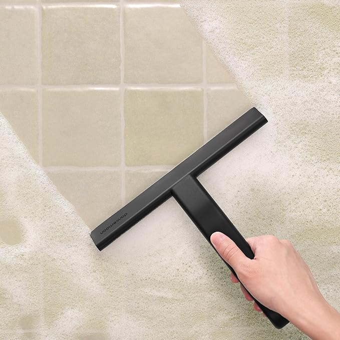 dancemoon JustHang Shower Squeegee with Built-in Hook, 10-Inch Black | Award-Winning Design, All-One-Piece Soft-Touch Silicone, for Glass Door, Bathroom, Window, Mirror, Tile Wall, Car