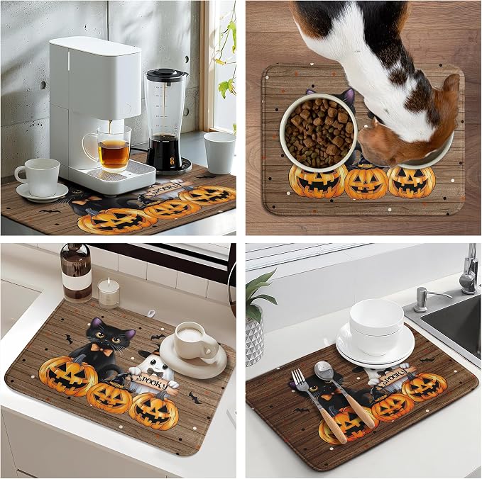 Halloween Spooky Pumpkin Dish Drying Mats Ghost Dish Mat Kitchen Cat Large Drying Matt Dishes Dryer Pad for Kitchen Counter Absorbent Microfiber Washable Foldable Reusable 18x24 in