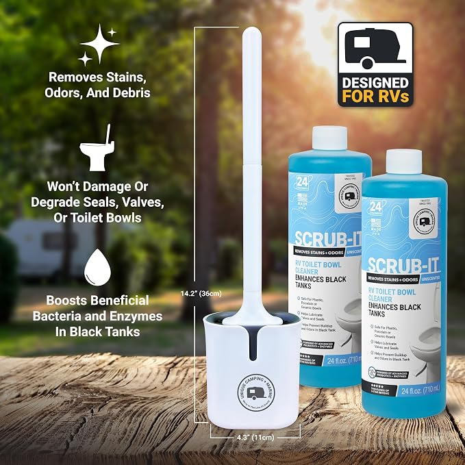Unique Scrub-It Liquid RV Toilet Cleaner & Brush Bundle, 24 oz 2-Pack | Includes 2 liquid cleaners & silicone brush for stains, odors, debris, & routine RV toilet bowl care