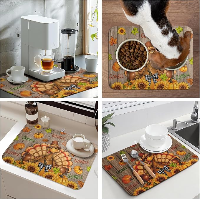 Happy Thanksgiving Turkey Dish Drying Mats Fall Pumpkin Dish Mat Drying Matt Autumn Dishes Dryer Pad for Kitchen Counter Absorbent Microfiber Washable Foldable Reusable 18x24 in
