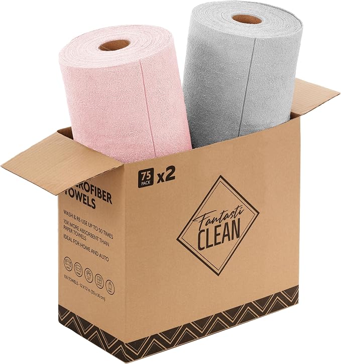 Fantasticlean Microfiber Cleaning Cloth Rolls-150 Sheets,12"x12"(Pink,Grey) | Super Absorbent, Lint-free, Tear-away Microfiber Towel Roll, for All-Purpose Cleaning