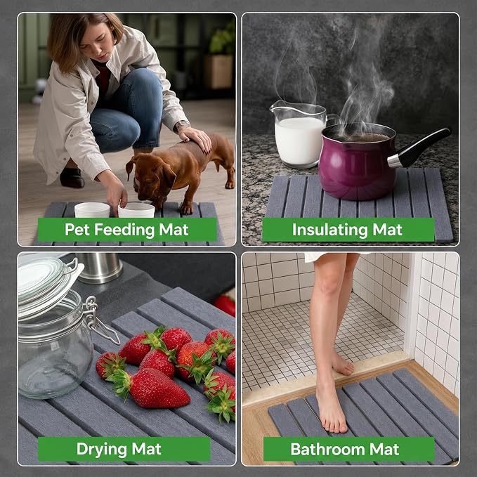 Stone Drying Mat for Kitchen Counter 16x24 Inch, Diatomaceous Dish Drying Mat with Towel Sanding Tool, Fast-Absorbing Quick-Dry Non-Slip Sink Tray ( Grey )